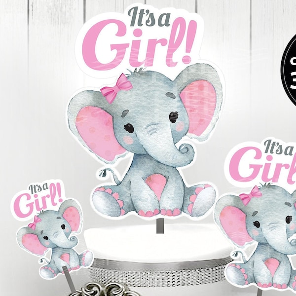 Peanut Elephant Centrepiece for Baby Girl Shower in Pink & Gray PDF and PNG Files - 3 Sizes, it's a girl