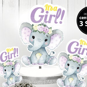 Purple Yellow Elephant image, clip art, baby girl elephant diaper topper, cute elephant with roses yellow, lavende - it's a girl text