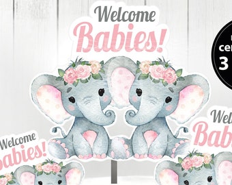 Twin Peanuts Elephants Centrepiece for Two Babies Girls Shower in Pink Floral Crown PNG twins baby shower, two elephants shower decorations