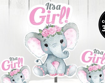 Pink Elephant Centrepiece with Floral Hairband for Baby Girl Shower in Pink & Gray PNG - 3 Sizes and Diaper Raffle SOLD SEPERATELY
