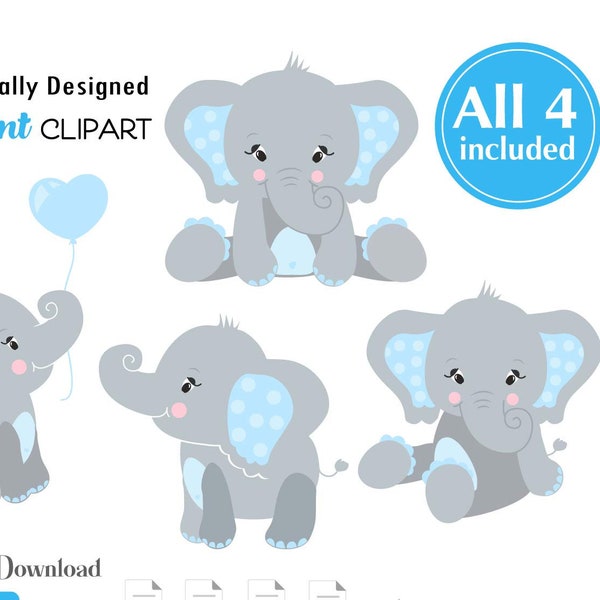 Elephant SVG set, 4 boy elephants with blue ears, polka dot, cute little elephant sitting, holding balloon,decor, baby shower, cake topper