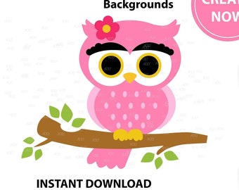 Cute Girl Owl Clip art, owl with flower clip, SVG, vector Pink owl clipart, png  Nursery Baby Shower decoration,birthday,commercial license