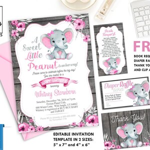 Invitación de baby shower de elefante gris rosa - Invitación imprimible - Mamá para ser ducha - Invitación de maní - Baby Shower de elefante - Rifa de pañales GRATIS