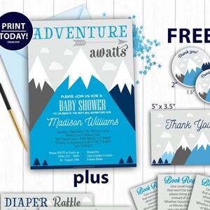 Berg babyshower, avontuur wacht, jager jongen babyshower, marineblauw grijs uitnodiging sjabloon, Bedankkaart, gratis luier loterij, boek