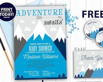 Mountain baby shower, Adventure awaits, hunter boy baby shower, Navy Blue gray Invitation Template, thank you card, FREE Diaper Raffle,book