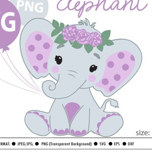 Girl Elephant SVG, vector clip art, baby girl elephant for baby shower, birthday, diaper cake. Purple Gray peanut flowers, roses, comm use