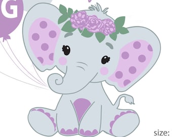 Jeune fille éléphant SVG, vector clip art, éléphant de fille de bébé pour shower de bébé, anniversaire, gâteau de couches. Gris d’arachide fleurs violettes, roses, utilisation de comm