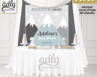 Mountains Backdrop banner, gray mountains baby shower candy Table Digital Backdrop, Birthday Party, Unisex,adventure awaits wall digial sign