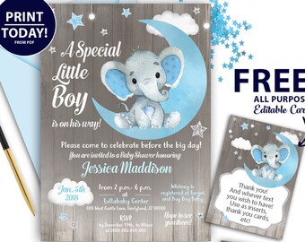 Invitation garçon éléphant pour baby shower, lune rustique, étoiles, nuages, argent, bleu et gris. Carte de remerciement gratuite, tombola de couches, demande de livre