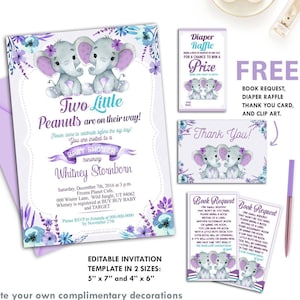 Paarse turquoise Twin olifanten baby shower uitnodiging-afdrukbare uitnodiging-pinda's uitnodigen-meisje olifant baby shower-gratis luier loterij