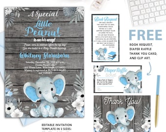 BUNDLE Elephant Boy Invitation Template for Baby shower, rustic boy baby shower, printable invitation floral cute elephant, peanut, free