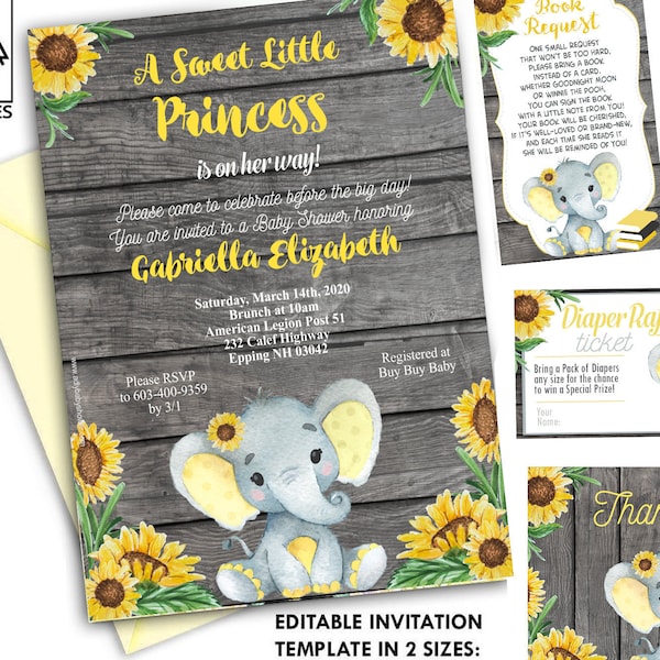 Yellow elephant invitation, Sunflowers, Birthday Party, Baby Shower,invitation bundle,  FREE diaper, book request, thank you