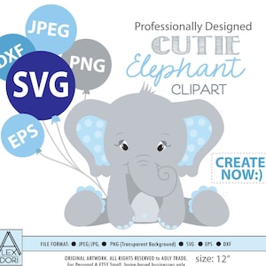 Elefant SVG, junge, Vektor-ClipArt, Baby Elefant für junge Baby-Dusche, Geburtstag, Windel Kuchen. Blau grau Erdnuss mit Polka Ohren, Comm verwenden