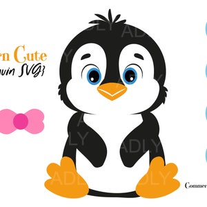 Archivo SVG de pingüino, archivo de corte para cricut, silueta, pingüino niño, pingüino niña con lazo rosa, lindo pingüino bebé, animal ártico, sublimación DXF