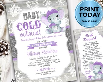 Purple Elephant Winter Girl Baby Shower Invitation, with free book request and diaper raffle. Digital Invitation template, instant download