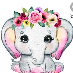 Rustic floral girl elephant clip art, flower crown girl peanut, pink yellow ears, commercial usage, baby shower, birthday, african animals