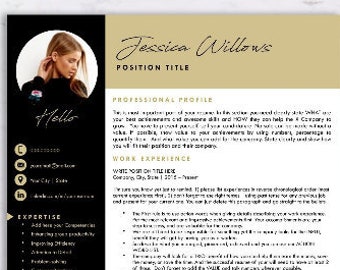 Modern resume template with pictures ,black gold clean resume,resume in 3 pages with cover letter reference letter,professional cv template