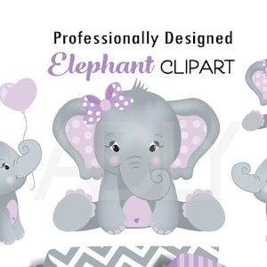 Lindo elefante Clip art, bebé niña púrpura y gris cacahuete clip art, archivo png. Guardería, Baby Shower, cumpleaños, descarga instantánea comercial