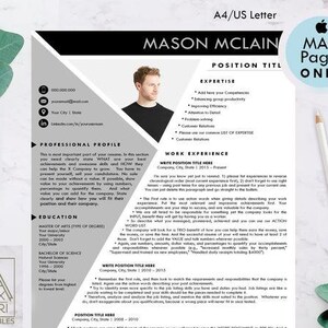May include: A black and white resume template featuring a professional headshot of a man. The template includes sections for professional profile, education, work experience, and expertise. The text "MASON MCLAIN" is at the top of the page.
