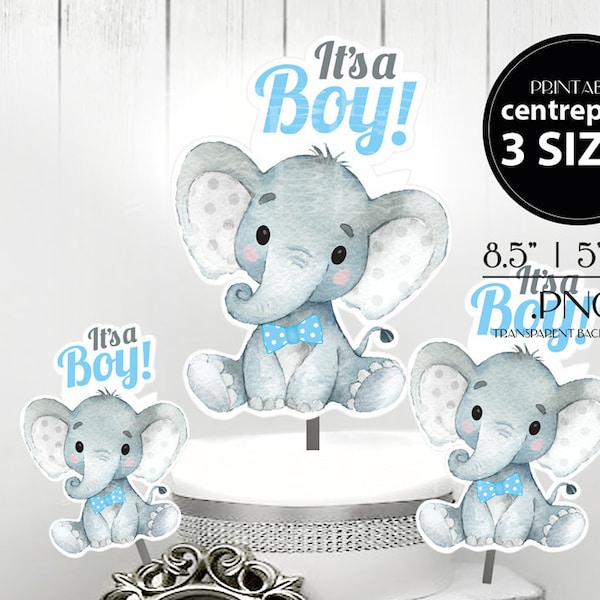 Boy Elephant with Blue Bow Tie Centrepiece, topper, decoration for Baby Boy Shower in Polka Blue & Gray,it's a boy, create your own decor