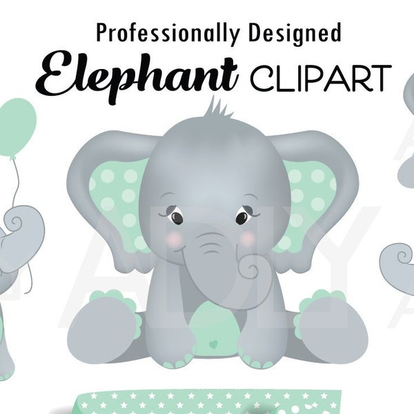 Mint Elephant clip art, cute little peanut with mint ears, and polka dot pattern. Sitting elephant, with balloon, looking up mint green gray