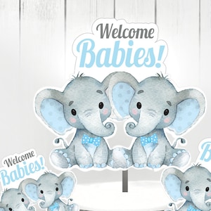 Twin Boy Elephants with bow tie Centrepiece for Two Babies Boys Shower in Blue & Gray PNG twins baby shower - welcome babies