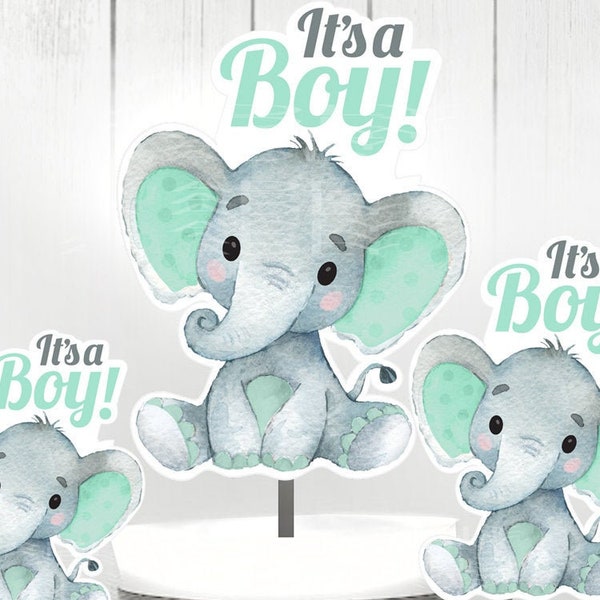 Peanut Elephant Centrepiece with Floral Crown for Baby Boy Shower in Mint Green & Gray PNG - 3 Sizes