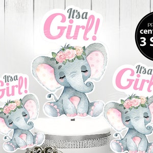 Sleeping Peanut Elephant Centrepiece for Baby Girl Shower in Light Pink & Gray with flower crown PNG - closed eyes with lashes - it's a girl