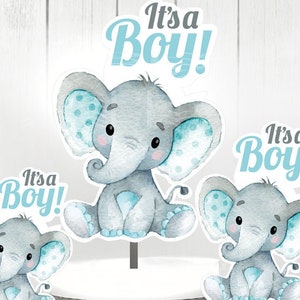 Peanut Elephant Centrepiece for Baby Boy Shower in Teal & Gray PNG 3 Sizes, Turquoise Boy elephant,cute watercolor safari animal, it's a boy
