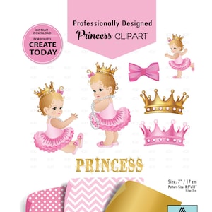 Princess Baby Girl Pink and Gold Digital Clipart,Crown clip art,Royal crowns,princess dress,Princess baby shower, Royal baby shower 44ca
