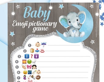 Emoji Baby Shower Game, Elephant Baby Emoji Pictionary Game,Nursery Rhyme Pictionary, Baby Shower Games blue and gray