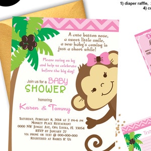Baby Monkey-uitnodiging in roze en groen met jungle-thema + GRATIS bedankkaarten, boekverzoek, luierloterij en taarttoppers, Monkey Bundle