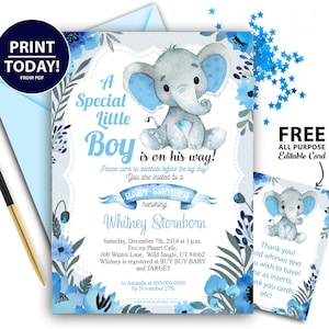 Jongen olifant baby shower uitnodiging met blauw grijze bloemen - afdrukbare uitnodigingssjabloon - pinda uitnodiging-GRATIS bedankkaart, aquarel