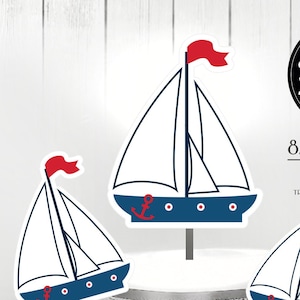 Bandiera rossa, barca nautica blu, centrotavola di nave, clip art, baby shower, cake topper, decorazione, arte murale, stampabile e download immediato con 3 set