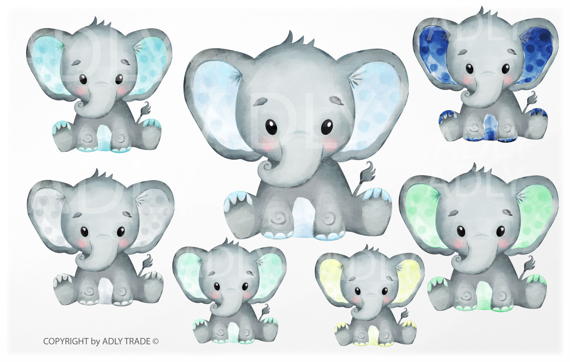 Watercolor Elephant Boy clip art baby blue elephant mint Etsy