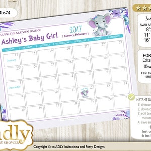 Elephant Girl Guess Due Date Calendar for Baby Shower, Prédictions imprimables, date d'arrivée de bébé, Purple Teal, floral - ao144bs74
