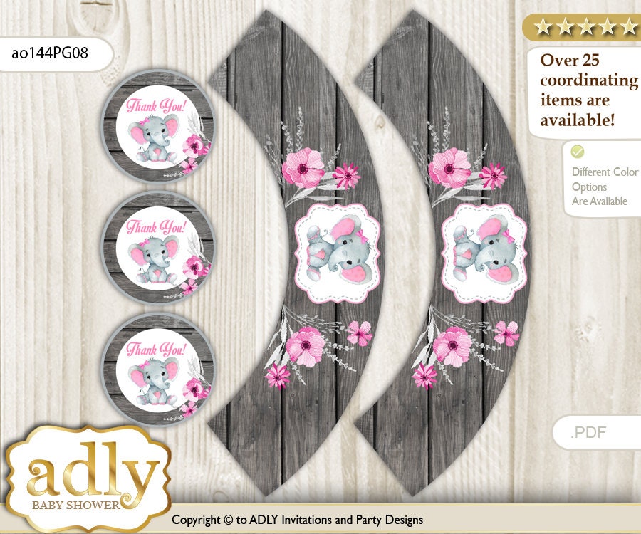 Elephant Girl Cupcake Wrappers and Thank You Printable for Baby Girl Shower DIY Rustic ao144PG8