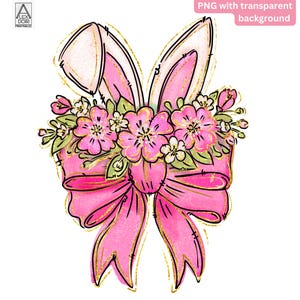 Frühlings-Kokette Sublimations-PNG rosa Bogen mit Blumen und Häschen, Kaninchen-Ohren. Süßes handgezeichnetes Doodle-Design mit Glitzereffekt