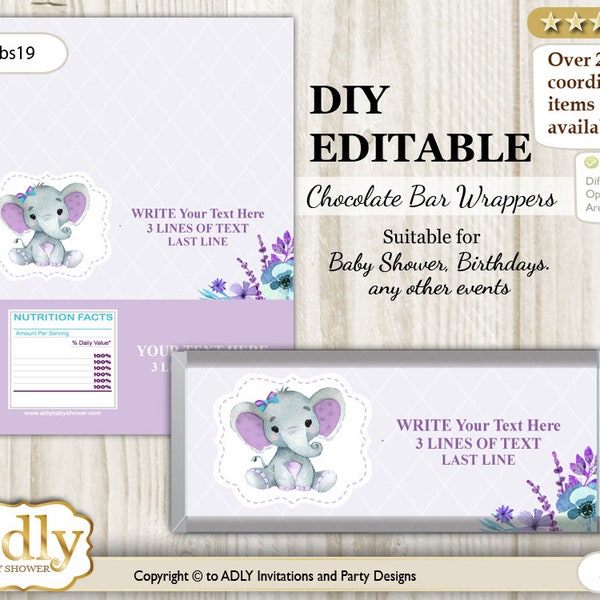 Changement de texte DIY Elephant Girl Wrapper imprimable pour barre de chocolat, étiquette numérique pour baby shower, anniversaire, modifiable Violet- ao144bs19c