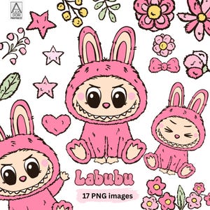 Labubu png budle de lindos diseños de labubu para cumpleaños, baby shower, diseño de camiseta, niña rosa labubu sentada