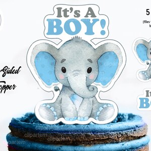 Blauwe olifant middelpunt taarttopper dubbelzijdig afdrukbare digitale afbeelding It's a Boy, schattige kleine jongen olifantenshower verjaardag, groot png