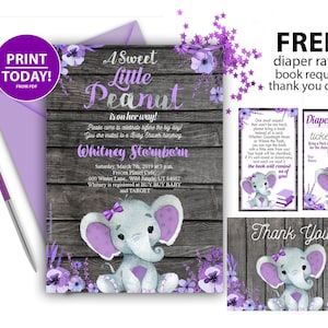 Purple Elephant Rustic Baby Shower, with flowes wooden background. Gray purple baby girl.Peanut, diaper raffle, book request thank you free