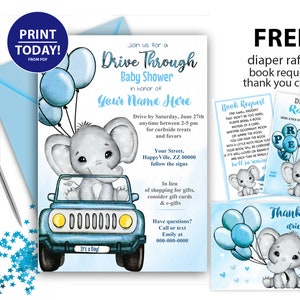 Chá de bebê drive by through, elefante, menino, convite fofo em aquarela, rifa de fraldas, solicitação de livro, pacote de cartão de agradecimento, azul bebê