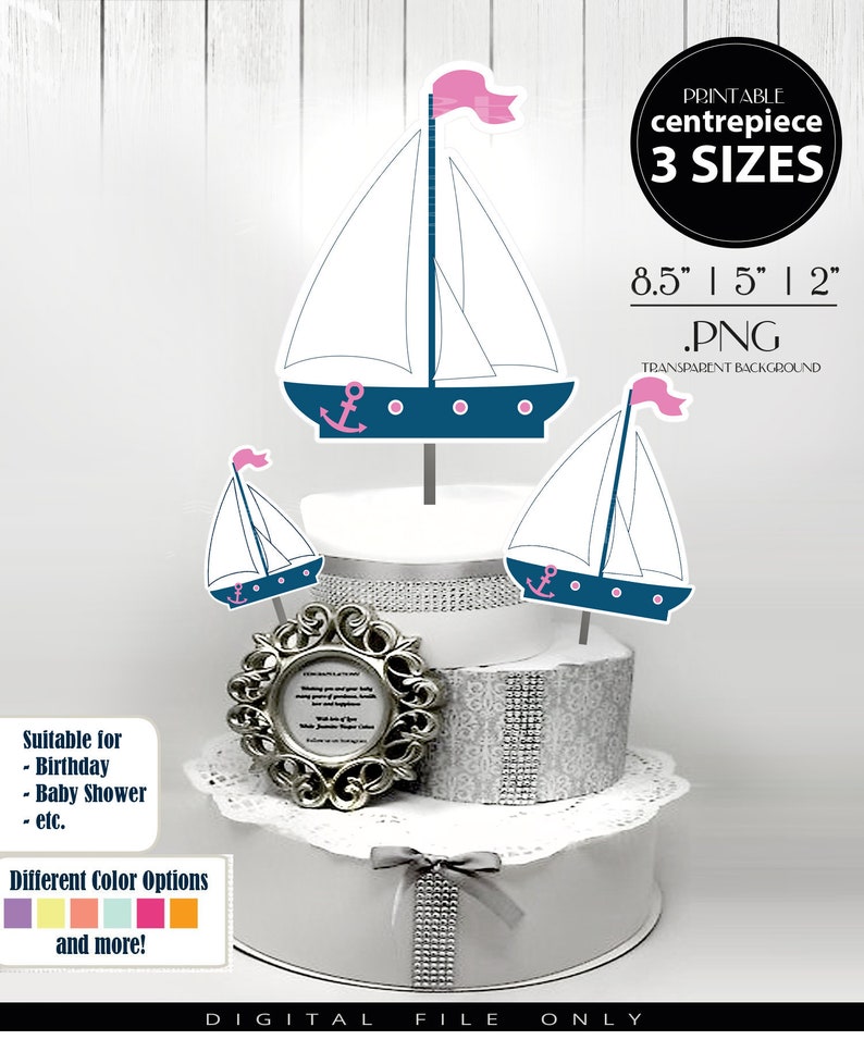 Clip Art Decoration for Girl Baby Shower in Blue /& Pink 3 SIZES PNG FILE Cake Topper Nautical Sailboat Centerpiece
