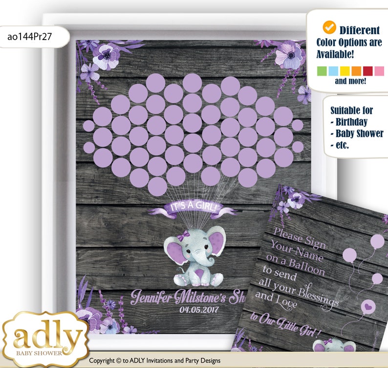 Girl Elephant Baby Shower Guest book for baby, animal theme baby shower printables,birthday printables in blue and gray,Purple Rustic DIY image 1