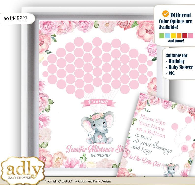 Girl Elephant Guest Book Printable Alternative Bridal Birthday Pink Rose-ao144BP27 Girl Elephant Baby Shower