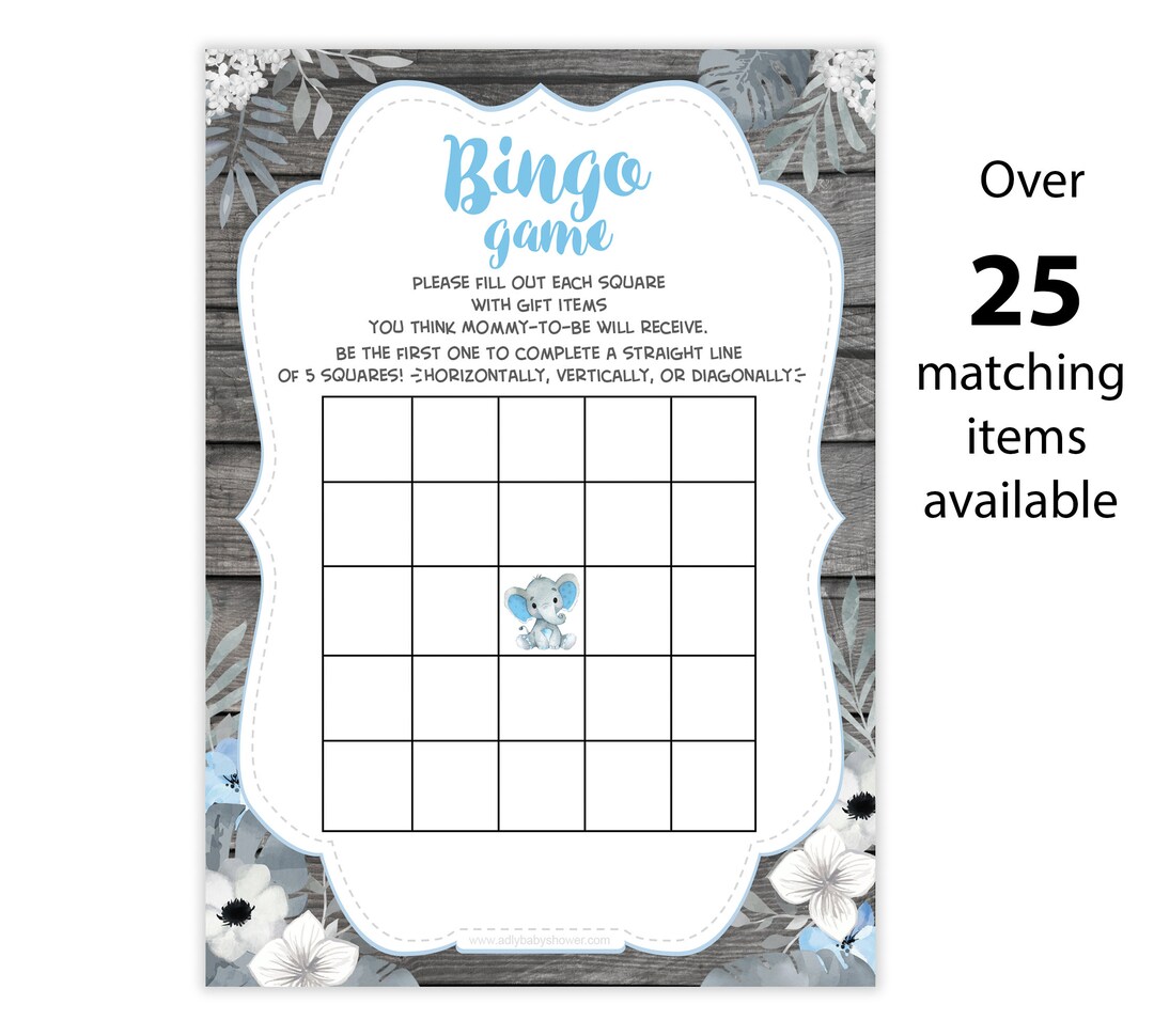 Rustic Blue Elephant Bingo Game Printable Digital File, Pdf Ang Single