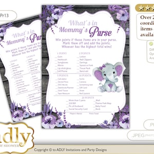 Bloemen Rustiek Houten Meisje Olifant Wat zit er in mama's tas, raad portemonnee Game Printbare kaart voor Baby Olifant Douche DIY