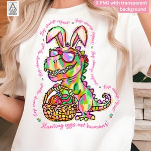 Rosa Osterdinosaurier T-Rex PNG, süßes Mädchen Dino mit Hasenohren, Osterdino Clipart, TRex Sublimation, lustiger Osterdino, Baby-Dinosaurier