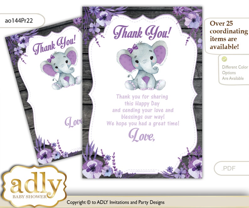 Gray Girl Elephant Thank you Card Printable for Baby Girl Shower or Birthday DIY Purple